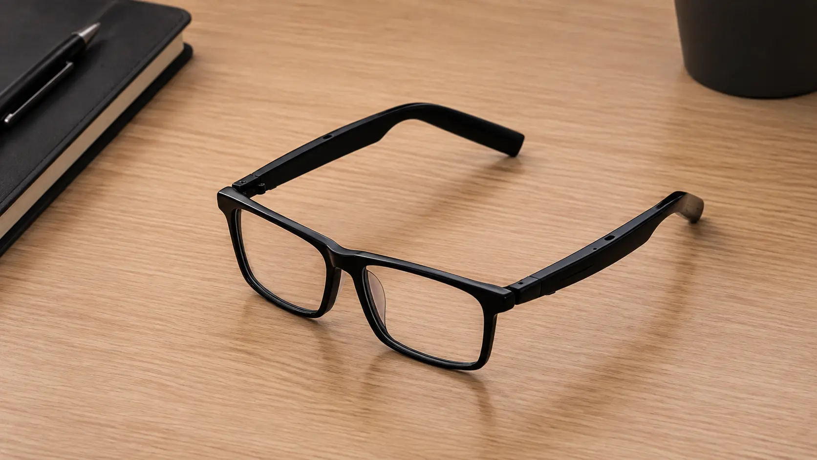 AI meeting transcription and workflow close-up showcasing smart glasses